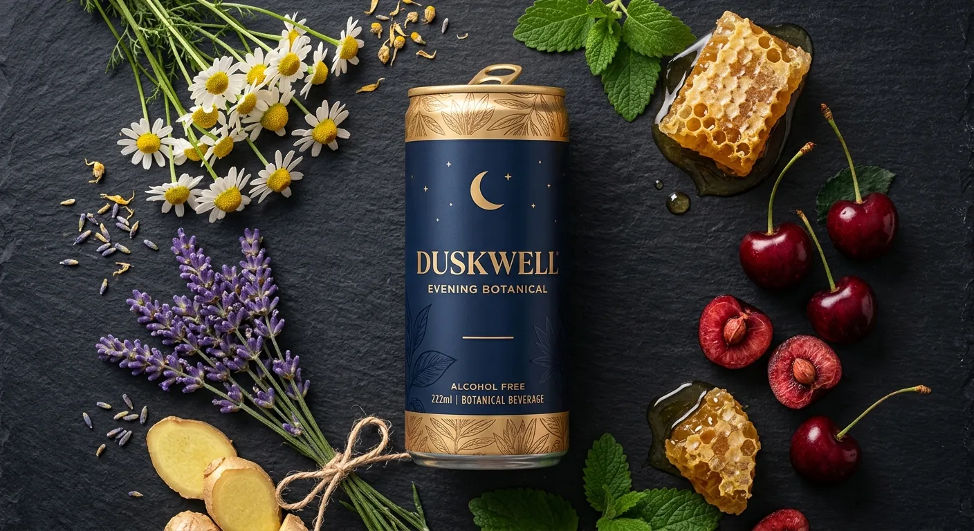 Duskwell ingredients — chamomile, tart cherry, lavender, passionflower, lemon balm, ginger, monk fruit