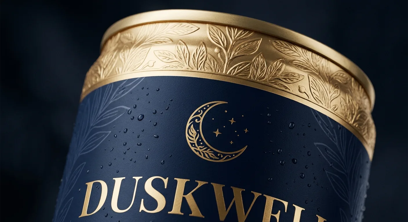 Duskwell can detail — gold embossing and botanical pattern
